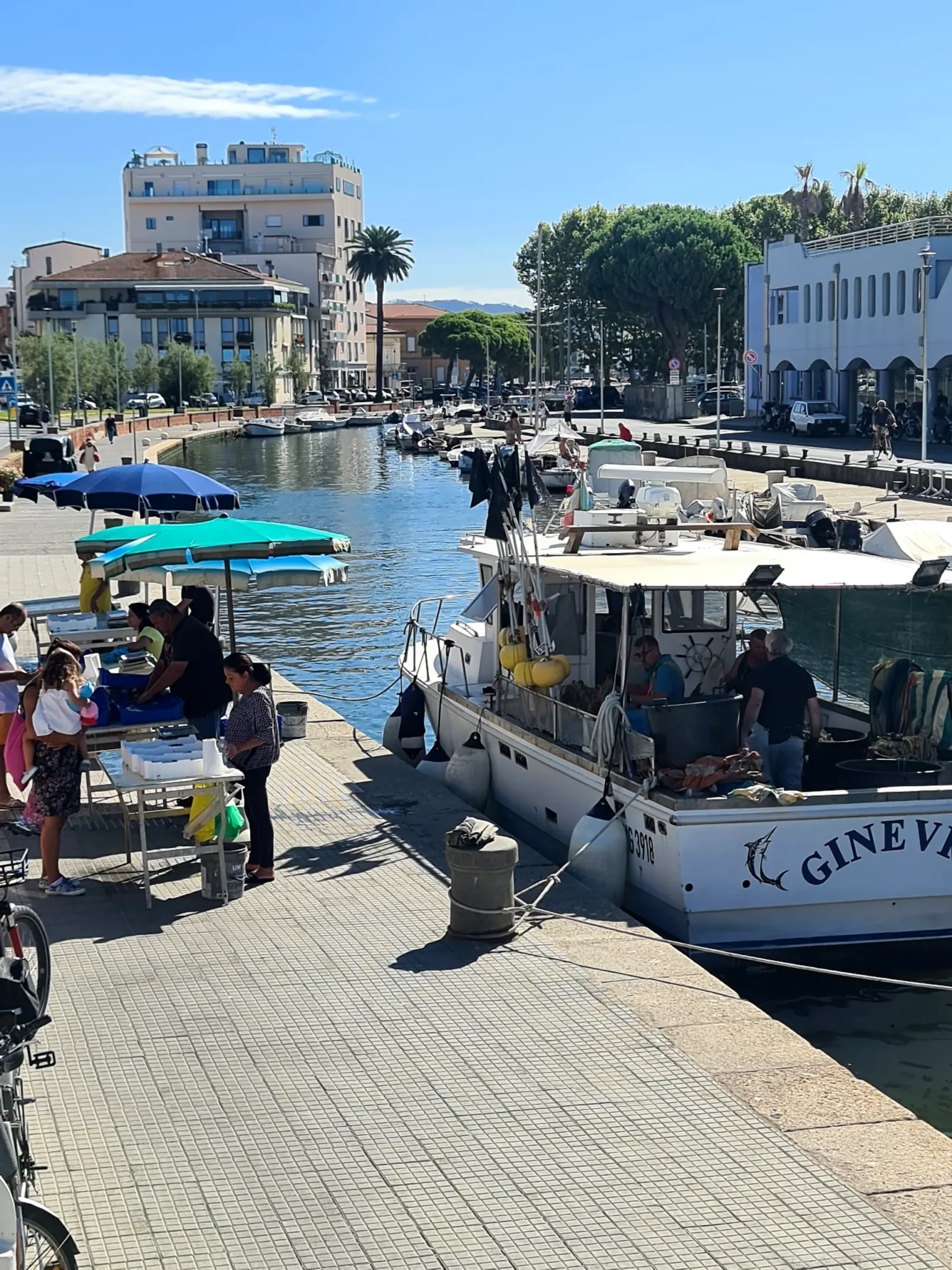 Le barche dei pescatori in Darsena a Viareggio, verso il faro