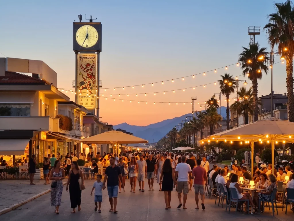 La Passeggiata di Viareggio al tramonto, con le luci accese, i tavoli all'aperto e la gente a passeggio (immagine illustrativa)